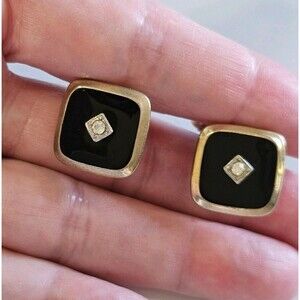 Gold Tone With Black Cufflinks Clear Rhinestone Vintage